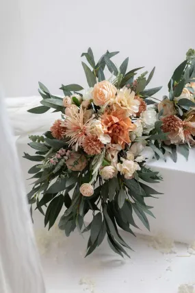 Artificial Flowers Bridal Bouquet - Forest Green & Peach