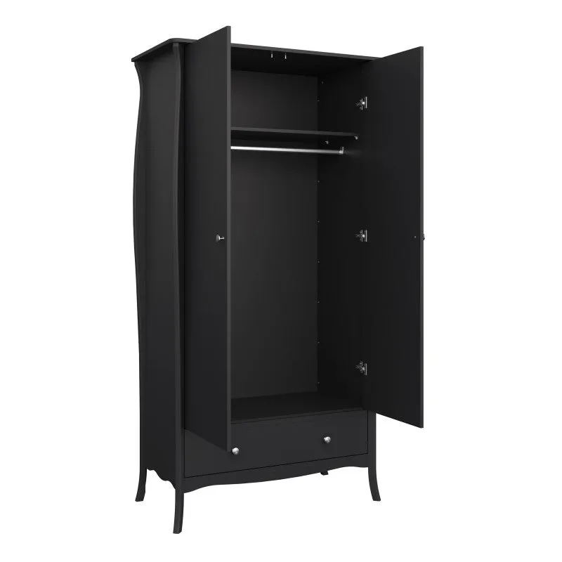 Baroque 2 Door & 1 Drawer Black Wardrobe