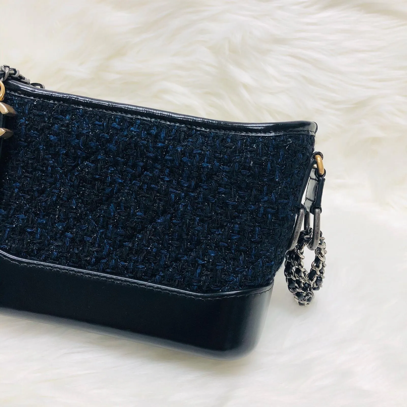 Black and Navy Blue Quilted Tweed Small Gabrielle Hobo Bag