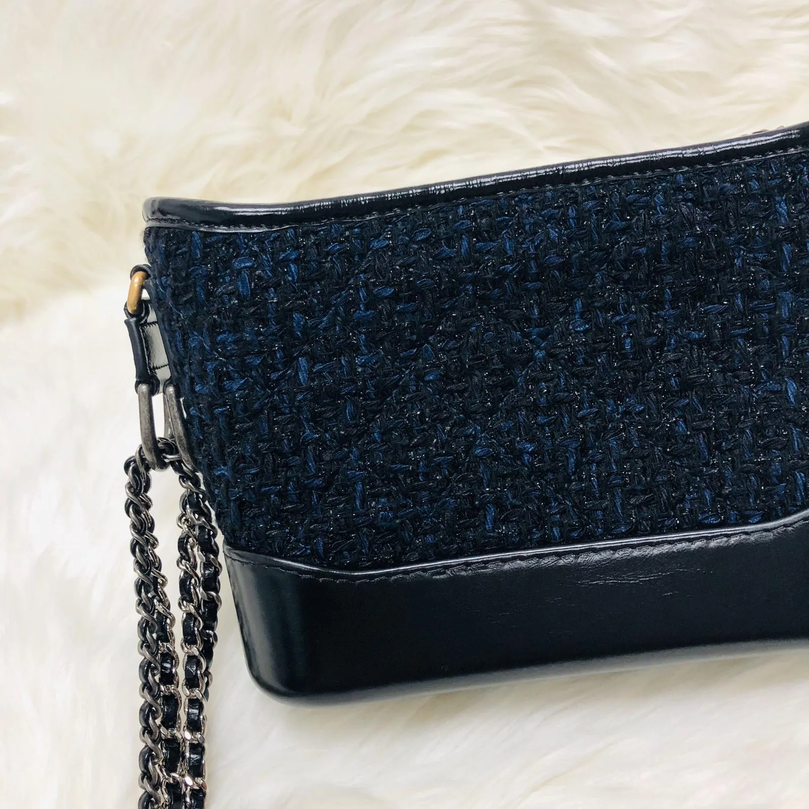 Black and Navy Blue Quilted Tweed Small Gabrielle Hobo Bag