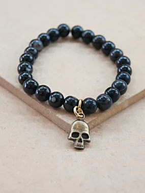 Black Onyx Mala Bracelet with Skull Charm