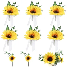 GARVEE 6PCS Artificial Sunflower Corsage, Artificial Silk Flowers Corsage and Boutonniere Set Simulation Wedding Flower Boutonniere Hair Accessories for Wedding Bridesmaid Bridal Prom Party