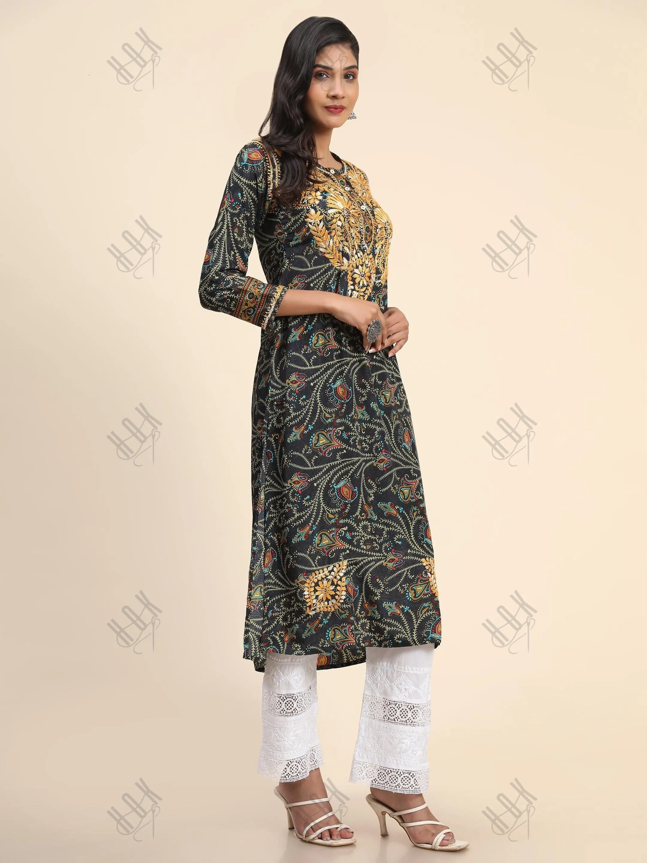 Noor Premium Printed PolySilk Chikankari Long Kurta for Women -Dark Floral Print