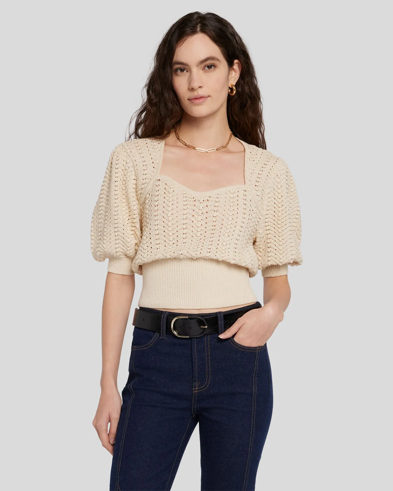 Sweetheart Pointelle Knit Sweater in Bone