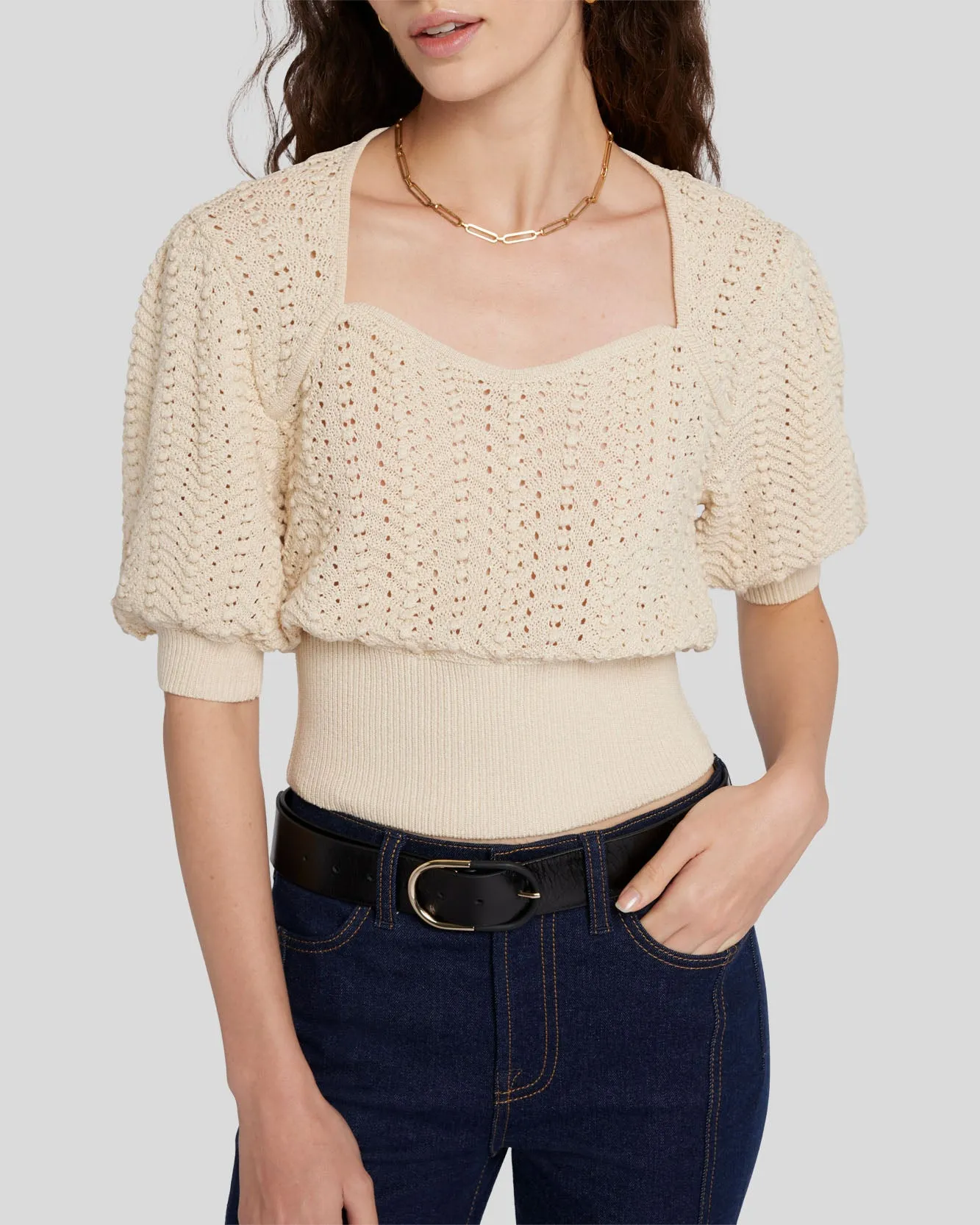 Sweetheart Pointelle Knit Sweater in Bone