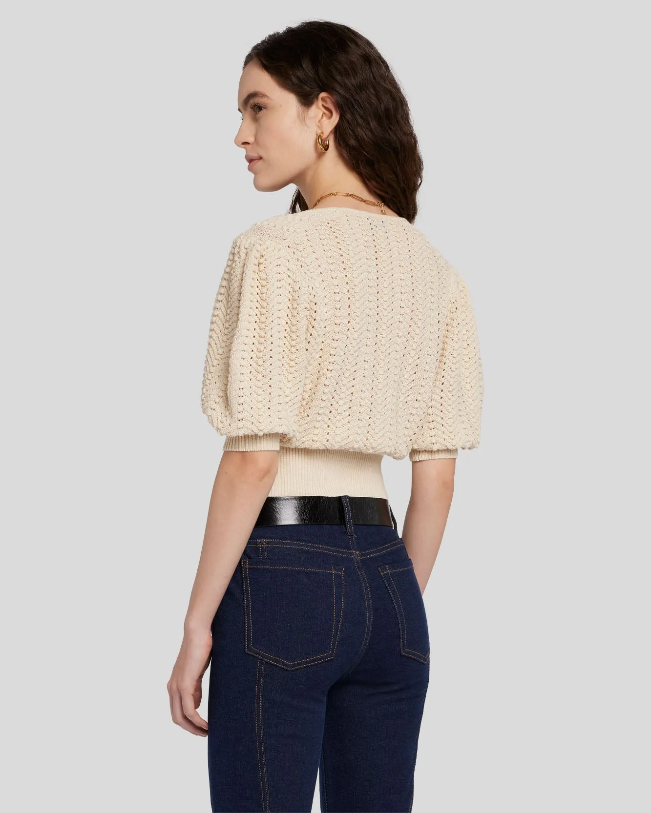 Sweetheart Pointelle Knit Sweater in Bone