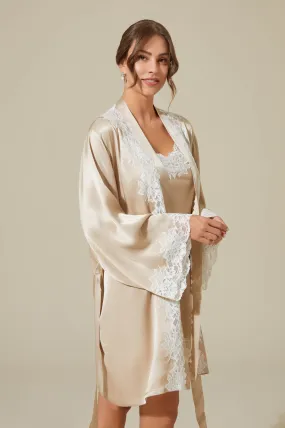 Vela Short Rayon Robe Set with Short Inner Nightgown- Off White on Beige